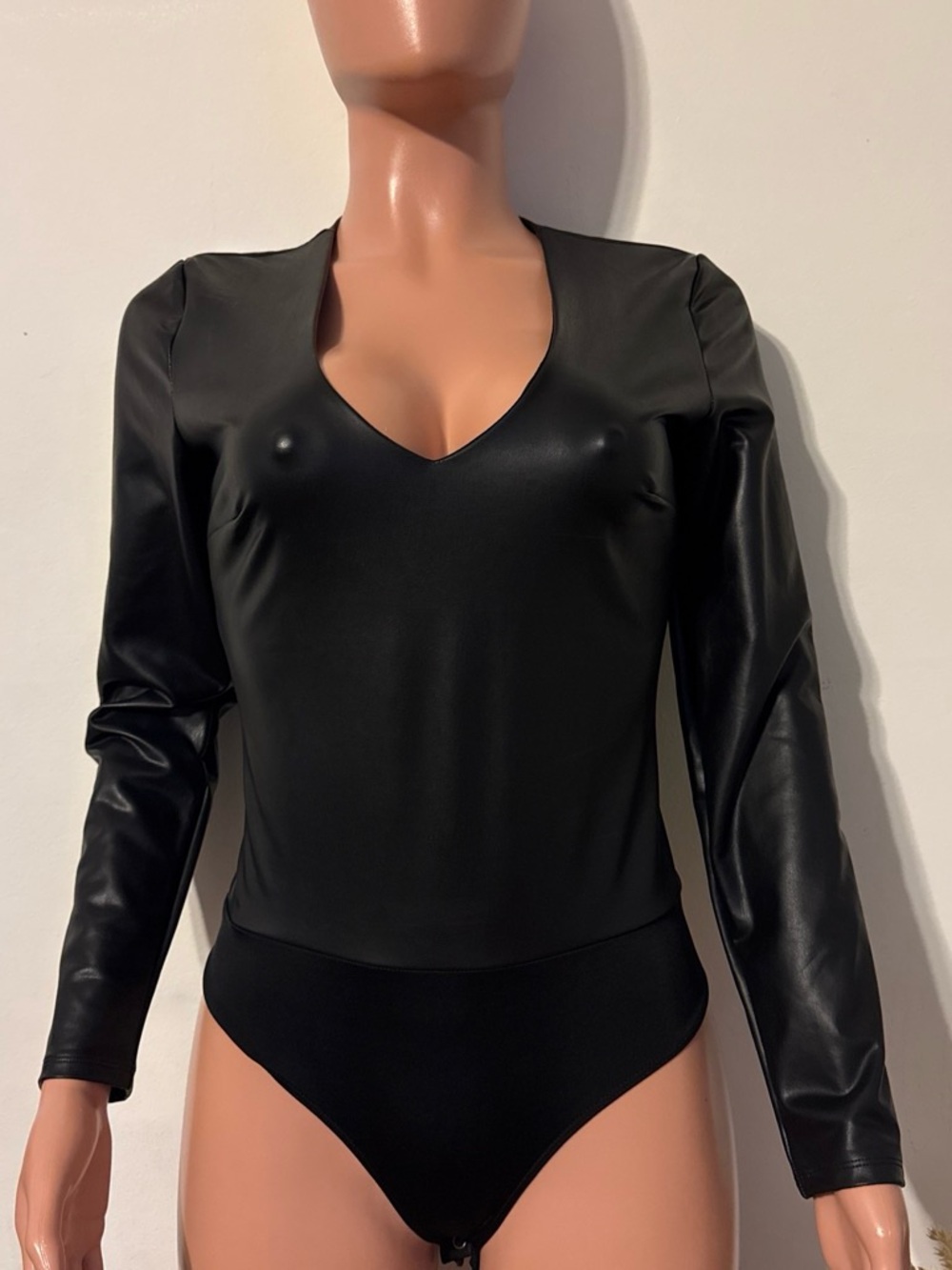 Express Black Faux Leather V-Neck Long Sleeve Bodysuit